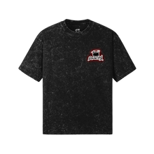Load image into Gallery viewer, Black t-shirt with a logo on the chest against a white background