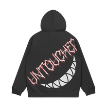 Load image into Gallery viewer, Black hoodie with red text and white smiley face design on a white background