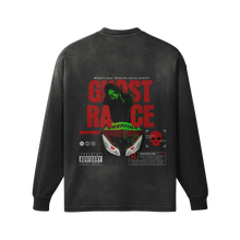 Load image into Gallery viewer, Black long-sleeve shirt with graphic design on the back featuring text and images.