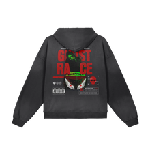 Load image into Gallery viewer, Black hoodie with graphic design on the back against a white background
