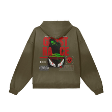 Load image into Gallery viewer, Green hoodie with graphic design on the back on a white background