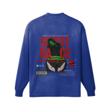 Load image into Gallery viewer, Blue long-sleeve shirt with graphic design on the back on a white background