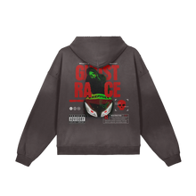 Load image into Gallery viewer, Dark gray hoodie with graphic design on the back on a white background