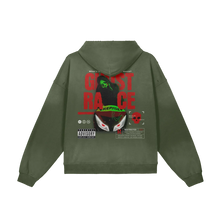 Load image into Gallery viewer, Green hoodie with graphic design on the back on a white background

