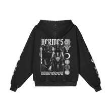Load image into Gallery viewer, Black hoodie with graphic design and 'Hermes' text on a white background

