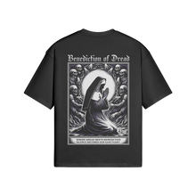Load image into Gallery viewer, Black t-shirt with a graphic design on the back featuring a nun and skeletons, labeled 'Benediction of Dread'.

